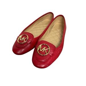 Michael Kors Red Leather Ballerina Flats Gold Logo 8.5M